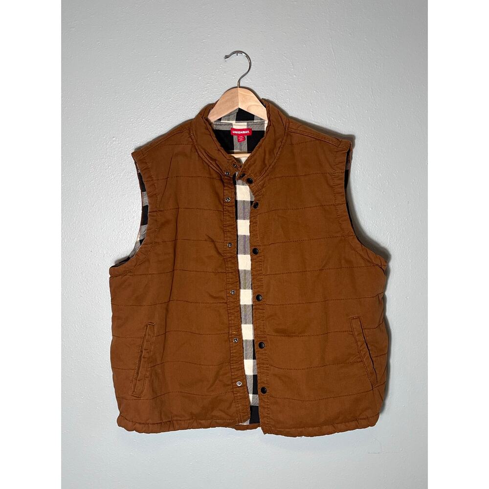 UnionBay Brown Black Men’s 3XL Vest Flannel Snaps Rugged Puffer Hiking Quilted